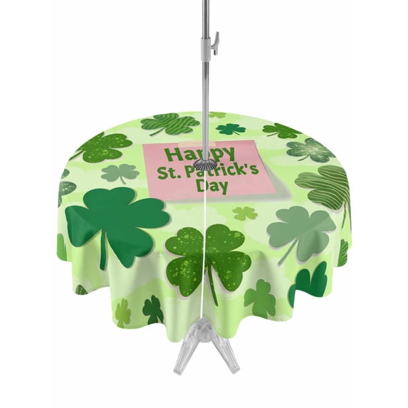 Happy St. Patrick's Day Outdoor Tablecloth - 60 Inch Round Dining Table Cover, Spring Lucky Shamrock Cloud Green Waterproof Outdoor Table Cloth with Umbrella Hole & Zipper for Picnic/Patio/Party