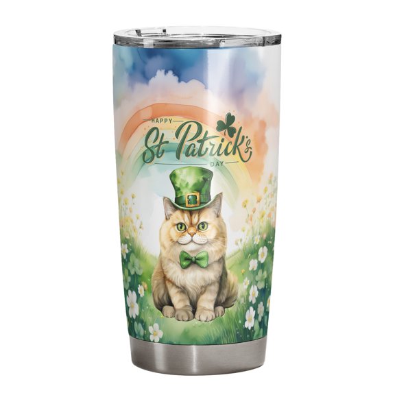 Happy St. Patrick’s Day Persian with Green Hat Shamrocks Rainbow 20oz Stainless Steel Tumbler Insulated Cup with Lid Cat Lover Kitten Owner Gifts - 03007