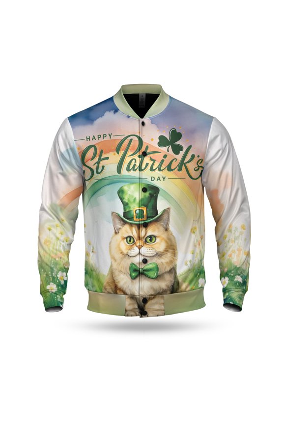 Happy St. Patrick’s Day Persian with Green Hat Shamrocks Rainbow All Over Print 3D Baseball Jacket Cat Lover Kitten Owner Gifts Bomber Jacket Softball - 03007