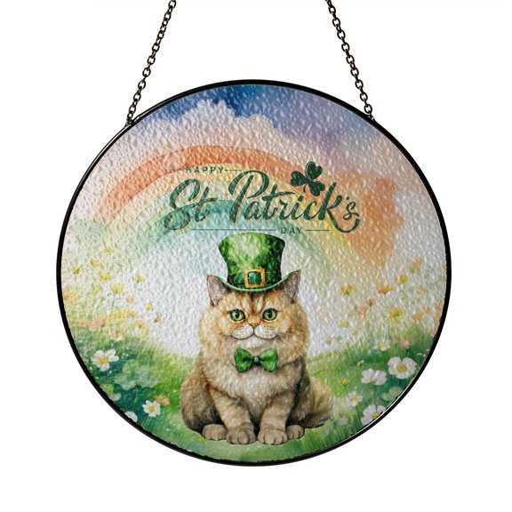 Happy St. Patrick’s Day Persian with Green Hat Shamrocks Rainbow Stained Glass Suncatcher Cat Lover Kitten Owner Gifts Window Hanging Sign Decor - 03007