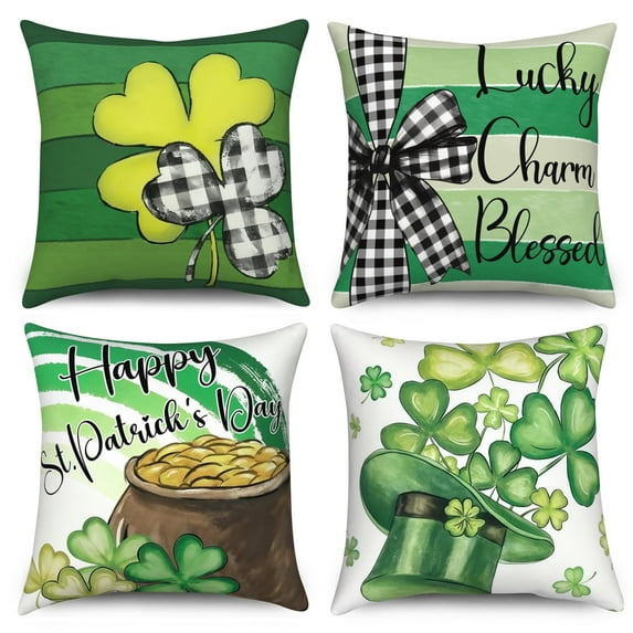 Happy St.Patrick's Day Pillow Cover 16x16 Set of 4,Lucky Charm Clover Hat Pillow Cases Couch Cushion for Bedroom Decor