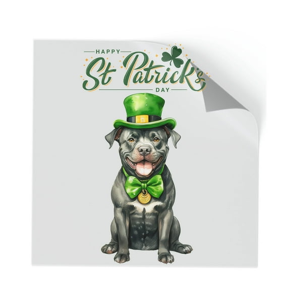 Happy St. Patrick’s Day Pitbull with Green Hat Shamrocks Rainbow Cutout Transfer Sticker Terrier Dog Lover Transparent Decal Art Decor - 03007