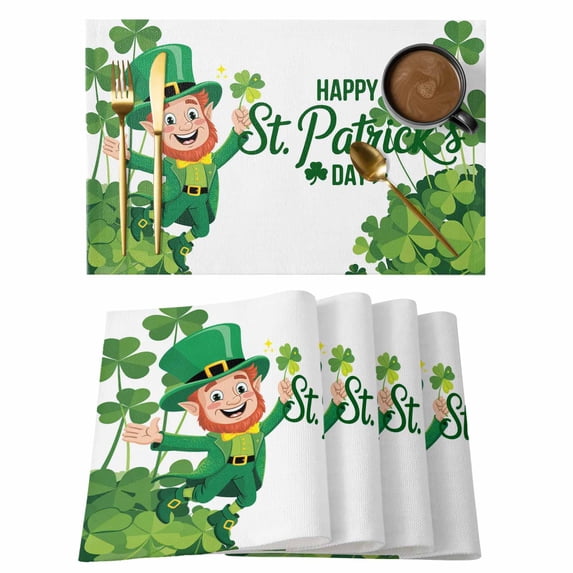 Happy St. Patrick's Day Placemats Set of 12 Cartoon Green Elf Lucky Shamrock Place Mats Indoor Wipeable Table Mats Washable Dining Table Placemats for Kitchen Holiday Party Home Decor 13x19 Inch