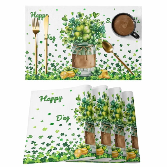 Happy St. Patrick's Day Placemats Set of 6, Spring Green Lucky Clovers Leaf Placemats for Dining Table, Place Mats for Kitchen Tabletop, Waterproof Wipeable Dining Table Mats Set