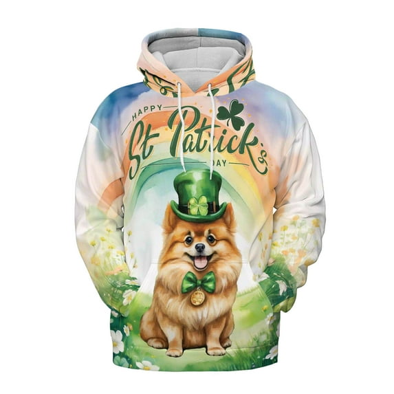Happy St. Patrick’s Day Pomeranian with Green Hat Shamrocks Rainbow All Over Print 3D Hoodie Unisex Merch Hoodies Pom Dog Lover Gifts - 03007