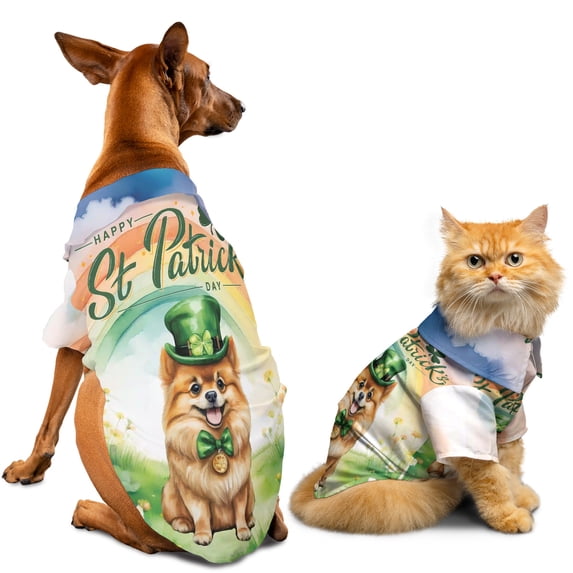 Happy St. Patrick’s Day Pomeranian with Green Hat Shamrocks Rainbow Hawaiian Summer Shirt for Small Medium Large Dog Cat Pom Dog Lover Gifts - 03007