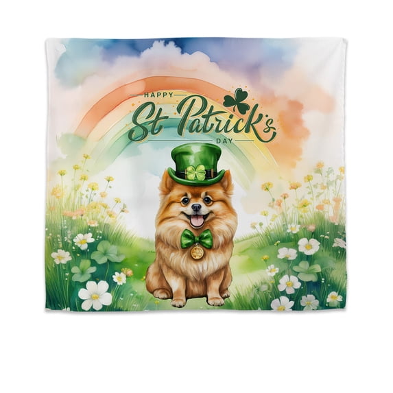 Happy St. Patrick’s Day Pomeranian with Green Hat Shamrocks Rainbow Tapestry Pom Dog Lover Gifts Wall Hanging Backdrop Home Decor - 03007