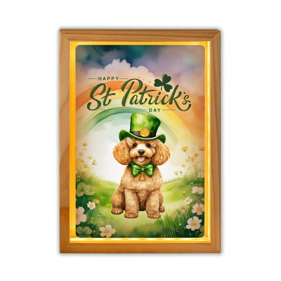 Happy St. Patrick’s Day Poodle with Green Hat Shamrocks Rainbow Acrylic Plaque with Wood Photo Frame Box Poodles Dog Lover Gifts Idea Light Box - 03007