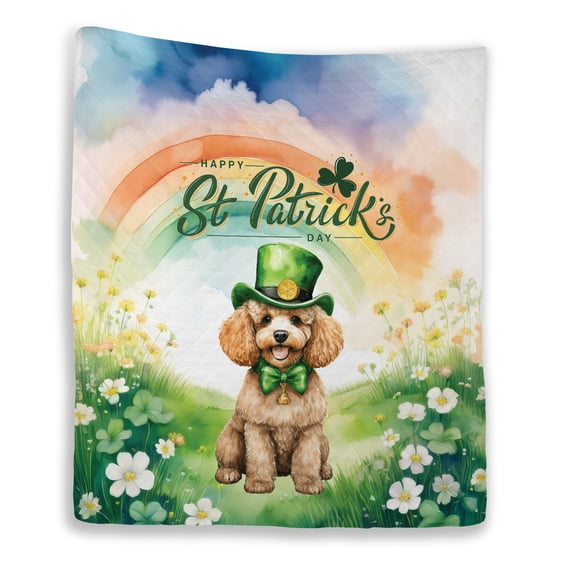 Happy St. Patrick’s Day Poodle with Green Hat Shamrocks Rainbow Quilt Blanket Poodles Dog Lover Gifts Idea Cozy Comforter Throw Blanket - 03007