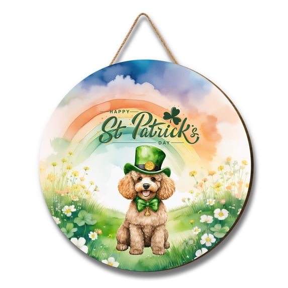 Happy St. Patrick’s Day Poodle with Green Hat Shamrocks Rainbow Round Wood Sign Poodles Dog Lover Gifts Idea Hanging Wall Home Decor - 03007