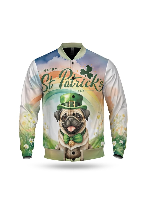 Happy St. Patrick’s Day Pug with Green Hat Shamrocks Rainbow All Over Print 3D Baseball Jacket Dog Lover Gifts Bomber Jacket Softball - 03007