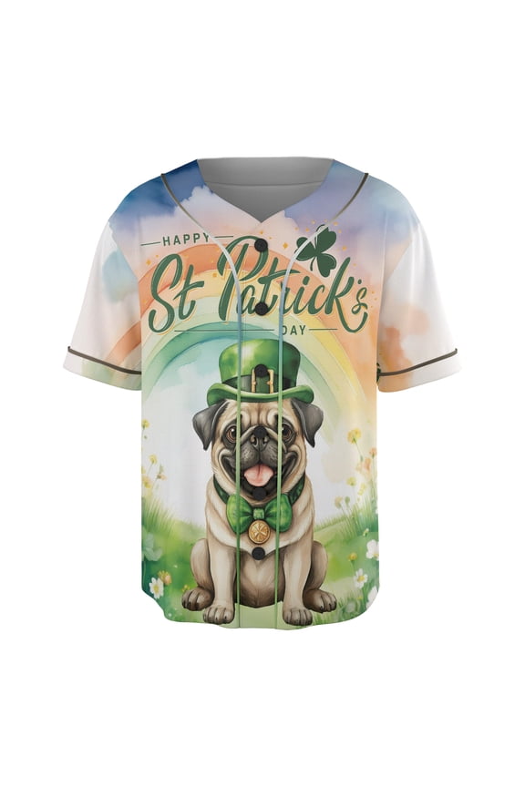 Happy St. Patrick’s Day Pug with Green Hat Shamrocks Rainbow All Over Print 3D Baseball Shirt Dog Lover Gifts Softball Sport - 03007