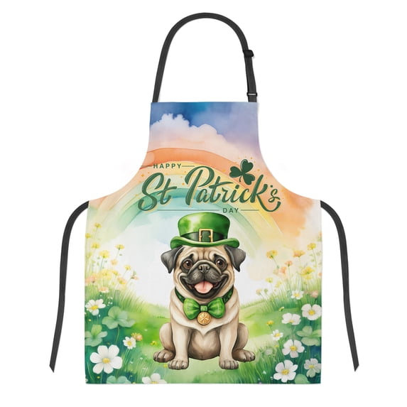 Happy St. Patrick’s Day Pug with Green Hat Shamrocks Rainbow Apron Dog Lover Gifts for Cooking Grilling Baking Painting Gardening - 03007