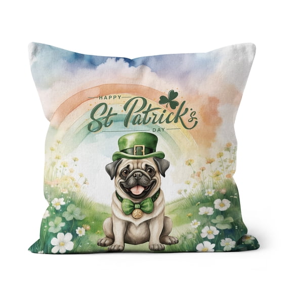 Happy St. Patrick’s Day Pug with Green Hat Shamrocks Rainbow Pillow Cushion Double Sided Dog Lover Gifts Throw Pillow - 03007