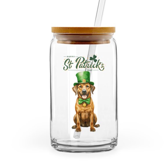 Happy St. Patrick’s Day Rhodesian Ridgeback with Green Hat Shamrocks Rainbow 16oz Glass Cup Mug Ridgebacks Dog Lover Gifts Glass Can with Bamboo Lid and Straw - 03007