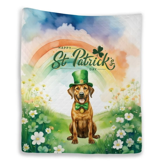 Happy St. Patrick’s Day Rhodesian Ridgeback with Green Hat Shamrocks Rainbow Quilt Blanket Ridgebacks Dog Lover Gifts Cozy Comforter Throw Blanket - 03007