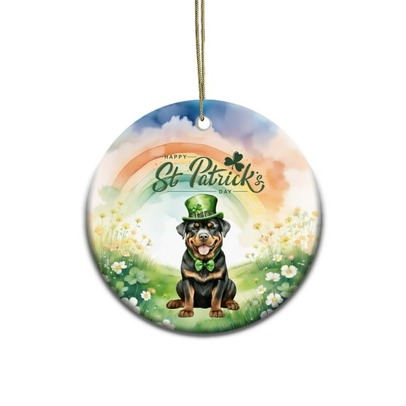 Happy St. Patrick’s Day Rottweiler with Green Hat Shamrocks Rainbow Ceramic Round Ornament Rottie Dog Lover Gifts Idea Home Tree Decor - 03007
