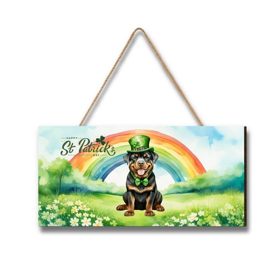 Happy St. Patrick’s Day Rottweiler with Green Hat Shamrocks Rainbow Landscape Wood Sign Rottie Dog Lover Gifts Idea Hanging Wall Home Decor - 03007