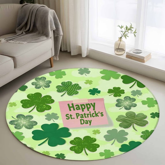 Happy St. Patrick's Day Round Area Rug 3.3Ft Washable Circle Rugs for Dining Room Table, Spring Lucky Shamrock Cloud Green Non-Slip Carpet Floor Mats Indoor Outdoor Carpet Runner Aesthetic Home Decor
