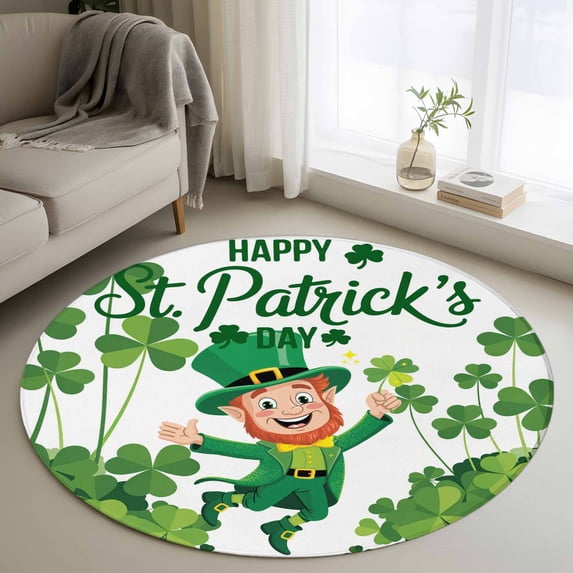 Happy St. Patrick's Day Round Area Rug 3Ft Washable Small Circle Rugs for Kitchen Entryway, Cartoon Green Elf Lucky Shamrock Non-Slip Carpet Floor Mats Indoor Outdoor Carpet Runner Home Decor