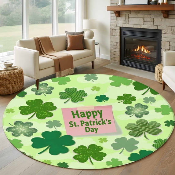 Happy St. Patrick's Day Round Area Rug 8Ft Washable Large Circle Rugs for Living Room Dorm, Spring Lucky Shamrock Cloud Green Non-Slip Carpet Floor Mats Indoor Outdoor Carpet Runner Home Decor