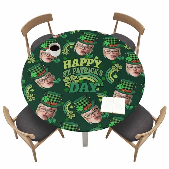Happy St. Patrick's Day Round Fitted Tablecloth with Elastic Edge Funny Face Green Shamrocks Rainbow Green Table Cover Fit for 36"-44" Tables Waterproof Tablecloths for Dinner Camping Picnic