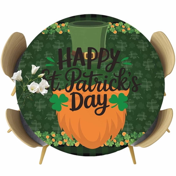 Happy St Patrick's Day Round Tablecloth, Fitted Table Cover with Elastic for 36"-44" Round Tables, Shamrocks Funny Beard Green Hat Table Cloth Outdoor Indoor Dinning Party Waterproof Tablecloths