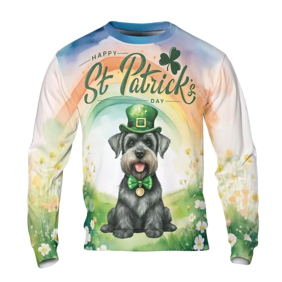 Happy St. Patrick’s Day Schnauzer with Green Hat Shamrocks Rainbow All Over Print 3D Sweatshirt Unisex Merch Miniature Schnauzer Dog Lover - 03007