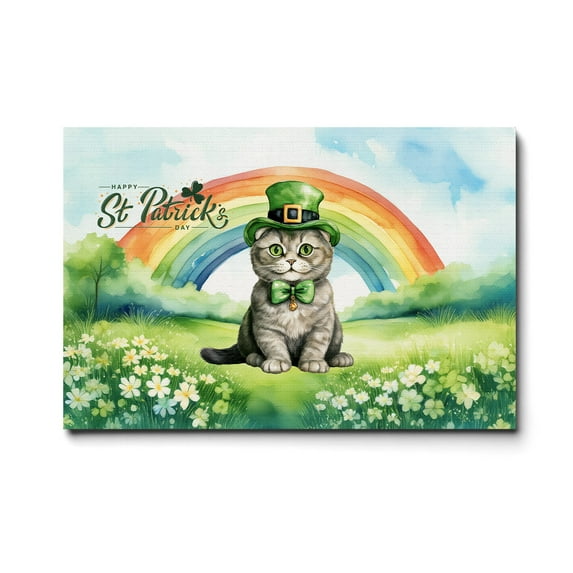 Happy St. Patrick’s Day Scottish Fold with Green Hat Shamrocks Rainbow Horizontal Matte Canvas Poster Cat Lover Kitten Owner Gifts Wall Art Home Decor - 03007