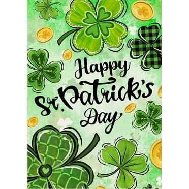 Happy St. Patrick''s Day Shamrock Clover Decorative Garden Flag, Green Buffalo Plaid Check Gold Coin Yard Outside Decorations, Irish Spring Holiday Outdoor Small Home Decor Double Sided 12 x 18