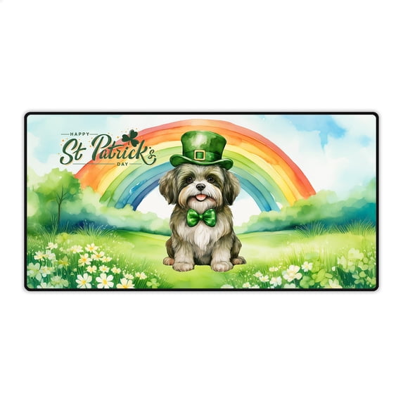 Happy St. Patrick’s Day Shih Tzu with Green Hat Shamrocks Rainbow Desk Mat Full Keyboard Mouse Pad Lion Dog Lover Gifts Large Mousepad - 03007