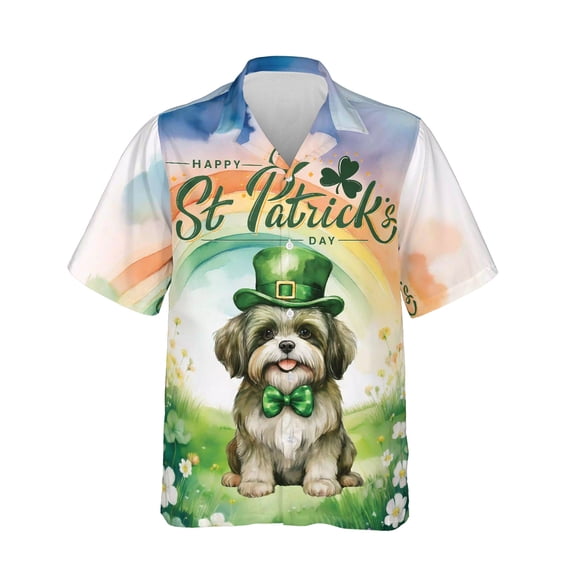 Happy St. Patrick’s Day Shih Tzu with Green Hat Shamrocks Rainbow Hawaiian Shirt Breathable Summer Unisex Merch Lion Dog Lover Gifts - 03007