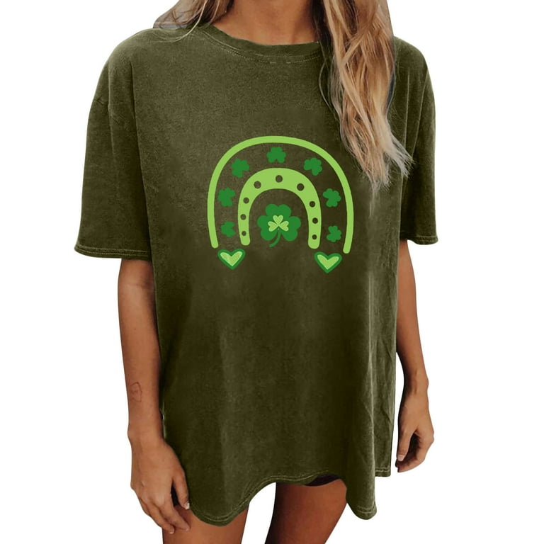 Happy St Patrick\'s Day Shirts for Women Four Leaf Clover Green Rainbow T  Shirt Vintage Loose Short Sleeve Tops