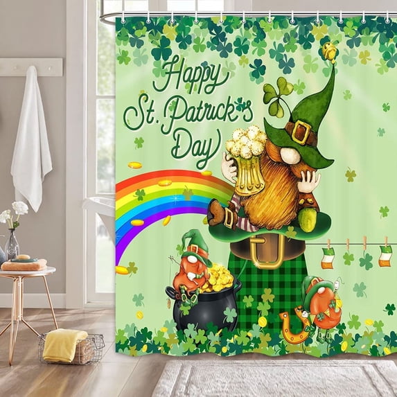 Happy St Patrick''s Day Shower Curtain, Cute Irish Gnome Truck Bathroom Accessories with Green Clover Shamrocks Design, St Patricks Decor Cloth Fabric Bathroom Curtains with Hooks 72 x 72 Inch