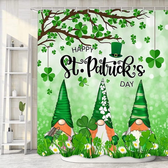 Happy St. Patrick''s Day Shower Curtain, Funny Cute Gnomes Elf Green Clover Shamrock Leaves Fabric Bath Curtains, Waterproof Polyester Glitter Bling Spring Washroom Bathroom Accessory Sets, 72X72in