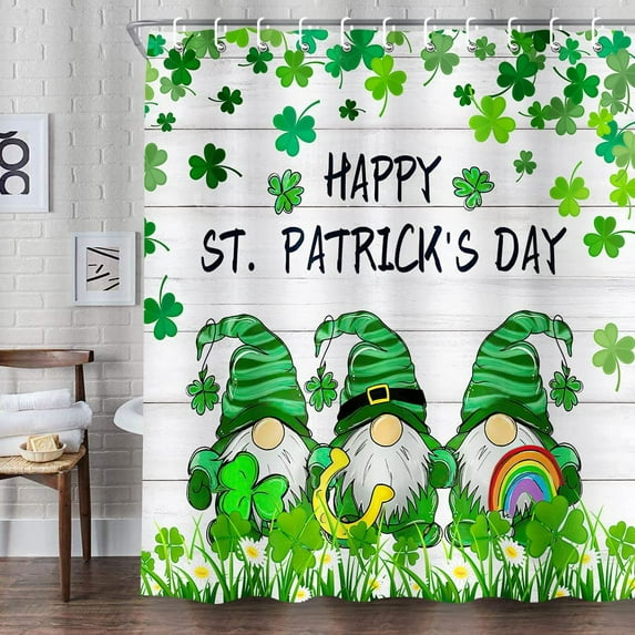 Happy St. Patrick's Day Shower Curtain, Green Clover Shamrock Leaf Irish Gnome Elf Design Decor with Hooks Set 72X72 Inches