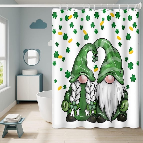 Happy St. Patrick''s Day Shower Curtain Irish Cute Gnome Elf Green Clover and Coins Waterproof Fabric Polyester Spring Holiday Style Sets with 12 Hooks, 36x72 Inch Green and White 2