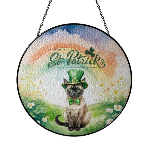 Happy St. Patrick’s Day Siamese with Green Hat Shamrocks Rainbow Stained Glass Suncatcher Cat Lover Kitten Owner Gifts Window Hanging Sign Decor - 03007