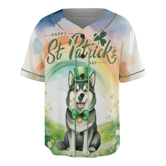 Happy St. Patrick’s Day Siberian Husky with Green Hat Shamrocks Rainbow All Over Print 3D Baseball Shirt Husky Dog Lover Gifts Softball Sport - 03007