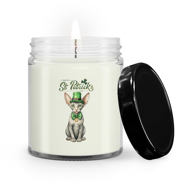 Happy St. Patrick’s Day Sphynx with Green Hat Shamrocks Rainbow Soy Wax Candle Cat Lover Kitten Owner Gifts Idea 9oz White Birch & Black Pepper Candle - 03007