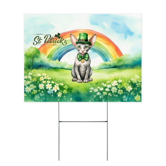 Happy St. Patrick’s Day Sphynx with Green Hat Shamrocks Rainbow Yard Sign Cat Lover Kitten Owner Gifts Idea Outdoor Home Lawn Garden Porch Decor - 03007