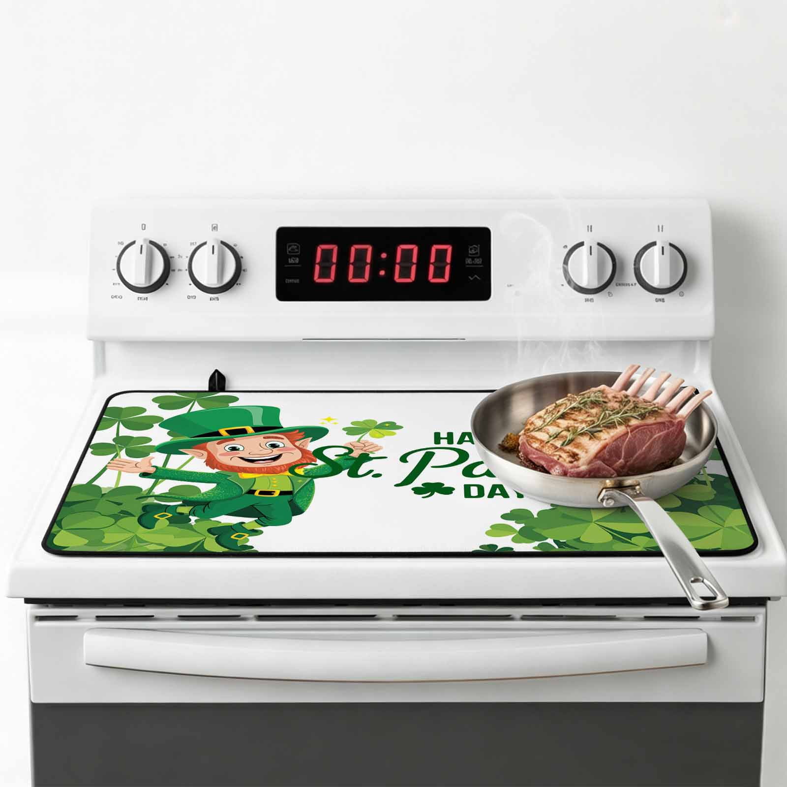 Happy St. Patrick's Day Stove Top Cover for Electric Stove, Heat-proof & Non Slip Glass Top Stove Cover Protector, Cartoon Green Elf Lucky Shamrock Kitchen Flat Cooktop Rubber Mat 24x21 Inches