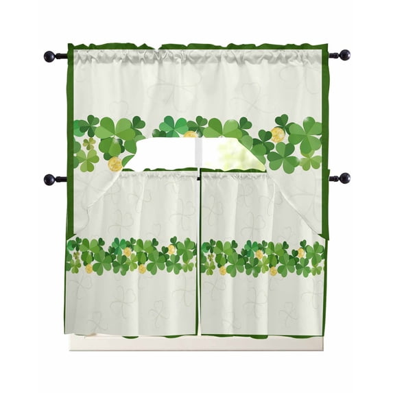 Happy St. Patrick's Day Swag Kitchen Curtains Sets for Windows 24 Inch Length, Lucky Green Shamrock Grasses Short Window Curtain Panels Swags Valances and Tiers 3 Piece Set for Cafe/Dining Room