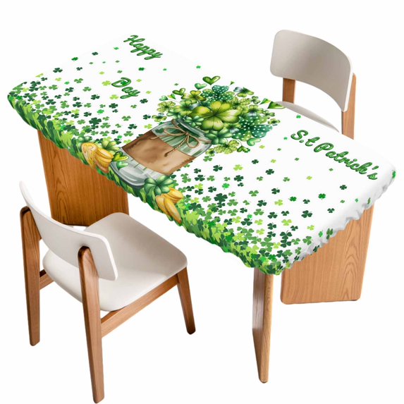 Happy St. Patrick's Day Table Cloths for 3 Foot Rectangle Tables, Spring Green Lucky Clovers Leaf Patio Waterproof Elastic Fitted Tablecloths, Washable Rectangular Table Cover for Camping