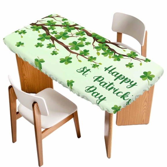 Happy St. Patrick's Day Table Cloths for 4 Foot Rectangle Tables, Lucky Shamrock Grasses Trees Patio Waterproof Elastic Fitted Tablecloths, Washable Rectangular Table Cover for Camping