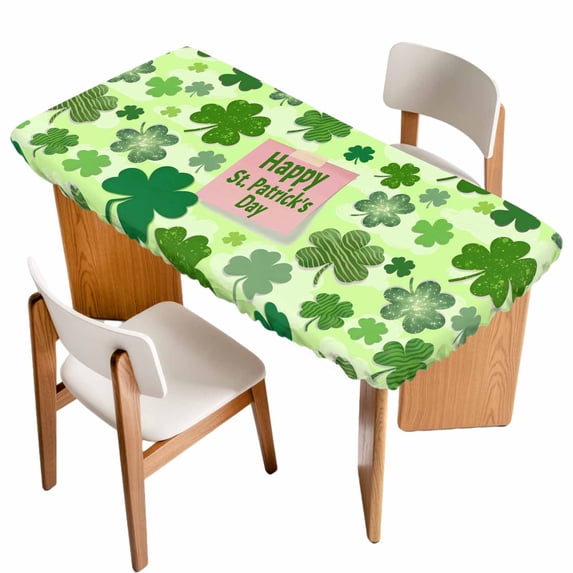 Happy St. Patrick's Day Table Cloths for 4 Foot Rectangle Tables, Spring Lucky Shamrock Cloud Green Patio Waterproof Elastic Fitted Tablecloths, Washable Rectangular Table Cover for Camping