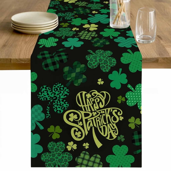 Happy St Patrick's Day Table Runner 36 Inches Long Farmhouse Dress Scarves, Green Lucky Shamrocks Vintage Dining Tablerunner for Coffee Table/Kitchen Island/Party Décor, Small 13" x 36"