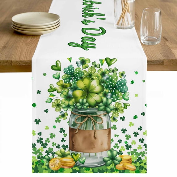 Happy St. Patrick's Day Table Runner - 60 Inch Long Spring Green Lucky Clovers Leaf Cotton and Linen Blended Dress Scarves Farmhouse Table Runner for Kitchen Dining, Coffee Table, 13" x 60"
