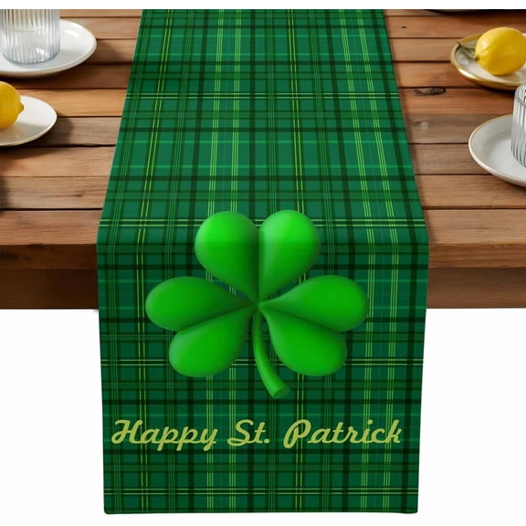 Happy St. Patrick''s Day Table Runner Green Shamrock Grass Plaid Tablerunners 13 x 72 Inch, Table Decorations Tabletop Scarf for Spring Gathering Holiday Farmhouse Kitchen Dining Decor