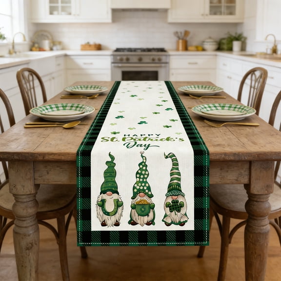Happy St.Patrick's Day Table Runners, St.Patrick's Day Green Gnome Buffalo Plaid Shamrocks Runners, Green Buffalo Plaid Shamrocks Runners, For Table Party Home Dinner Decor, 71 X 13 Inches